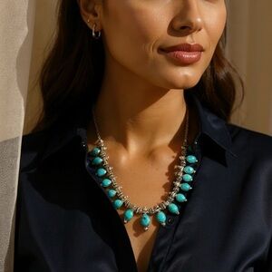 Vintage Turquoise & Silver Bib Necklace | Artisan Handcrafted Boho Statement